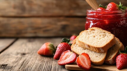 This warm and inviting image showcases fresh strawberries arranged next to slices of toast and a jar of strawberry jam, evoking feelings of comfort and delightful breakfasts.