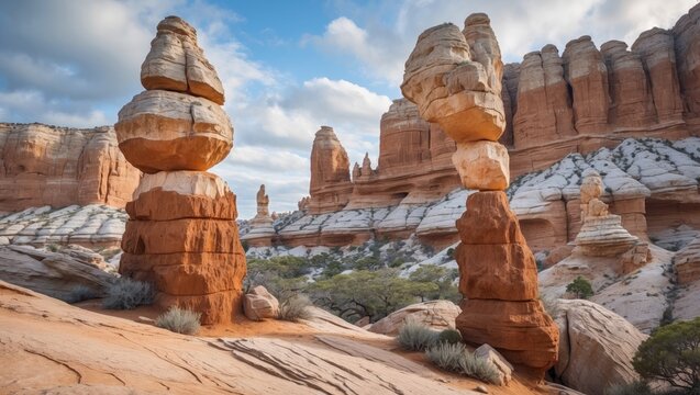 Amazing stone formations in a desert landscape with towering rock pillars and eroded structures under a partly cloudy sky.