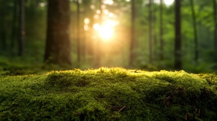Fototapeta premium This enchanting image portrays a sunlit forest floor covered in moss, inviting the viewer to embrace the tranquility and beauty of nature's untouched landscapes and greenery.