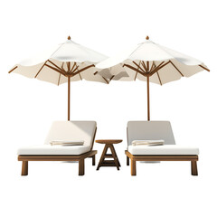 Two sun loungers with white cushions and umbrellas create a relaxing poolside retreat. Isolated on transparent white background, png	
