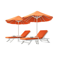 Relaxing beach scene with vibrant orange lounge chairs and umbrellas. Isolated on transparent white background, png	
