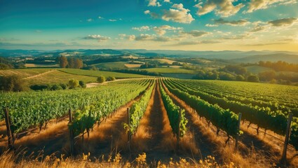 Aerial view of vineyards in the foreground with empty space for text.