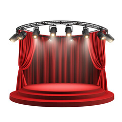 A vibrant red stage with curtains and spotlights ideal for performances and events. Isolated on transparent white background, png	