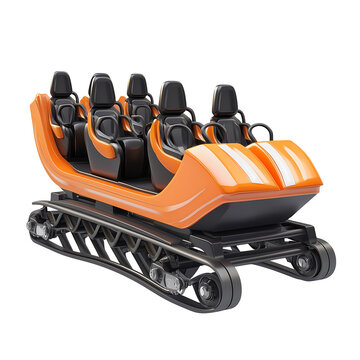 A vibrant orange roller coaster train with sleek black seats, ready for an exhilarating ride. Isolated on transparent white background, png	
