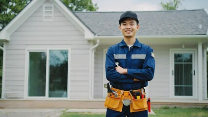 A skilled construction worker stands confidently in front of a newly built house, symbolizing expertise, reliability, and the dream of homeownership.