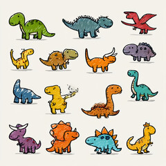 Fototapeta premium Collection of cute dinosaurs. Hand drawn cartoon brontosaurus, tyrannosaurus, pterodactyl, triceratops, stegosaurus, spinosaurus, plesiosaurus, ankylosaurus, velociraptor, parasaurolophus