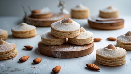 Almendrados, dumplings or typical biscuits made from almonds, sugar and egg whites. Almond cakes on white background.