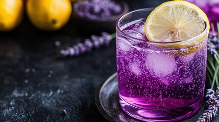 A refreshing lavender lemonade drink sits elegantly in a glass, topped with a lemon slice, symbolizing summer delight with a calming purple hue and ice cubes.