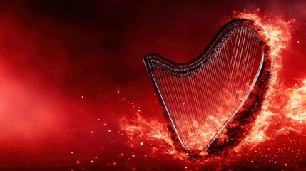 A captivating image of a harp engulfed in flames and accompanied by sparkling effects, representing passion and the fusion of music and art in a dynamic visual composition.