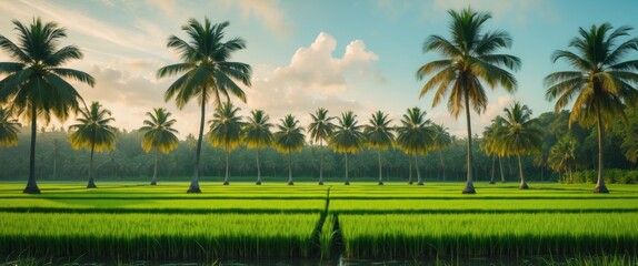 Obraz premium A sweeping view of palm trees on green rice fields in the early morning with trees in the background and grass in the foreground, with empty space for text