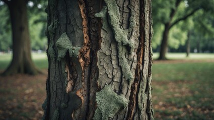 Obraz premium Tree Trunk. A Tree Growing In A Park. Photo Of A Tree Trunk. The Bark Of The Trunk Is Infested With Pests. Cracks And Lichens On The Surface Of The Trunk.. With Empty Copy Space For Text