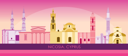 Sunset Skyline panorama of city of Nicosia, Cyprus - vector illustration