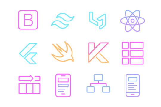 Neon symbols of popular programming frameworks and tools