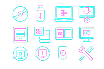 Fototapeta premium Neon tech icons for digital devices and software in glowing pink and blue