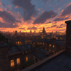 Fototapeta premium Rooftop balcony with cityscape at sunset