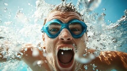 Fototapeta premium An excited young man in swimming goggles screams with delight while submerged in water, embodying the exhilarating joy and thrill of swimming and playing in the pool.