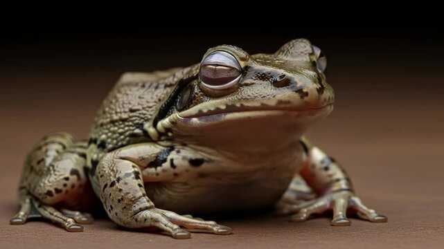 A frog sits and croaks on a dark background
