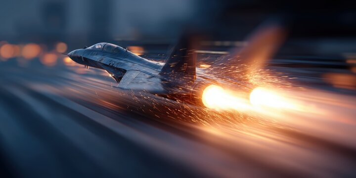 High-Speed Fighter Aircraft Accelerating with Intense Jet Exhaust and Motion Blur Effects

