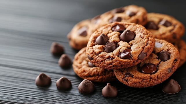 A tempting stack of freshly baked chocolate chip cookies with chocolate chips scattered around, highlighting indulgence, warmth, and the essence of homemade treats in a cozy setting.