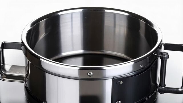Shiny stainless steel laboratory sieve shaker with handles and clamping mechanism, equipment used for particle size analysis.