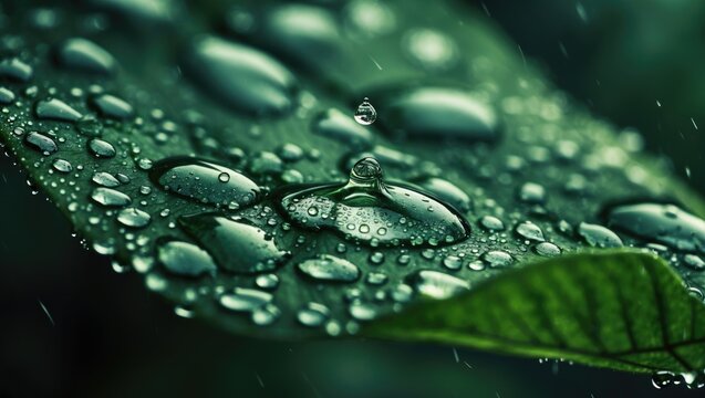 A closeup waterdrop photo on a green leaf with droplets. Nature and macro photography. Water and leaf details. The concept of water droplets on foliage.