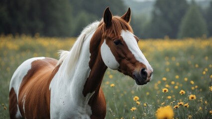 Obraz premium A beautiful white and brown paint horse standing in a meadow full of pretty yellow flowers, looking off to the side.