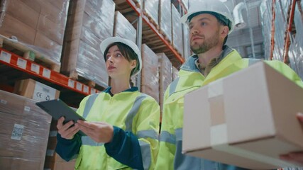 Caucasian female supervisor holding tablet and pointing at shelf while giving instructions to male warehouse worker. Man carrying cardboard box. People working in storage facility. - Powered by Adobe
