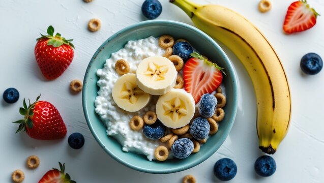 A bowl of cottage cheese, cereal with banana, frozen blueberries, strawberries on white background. Breakfast bowl. Eating cereal. Healthy food. Nutritional meal.