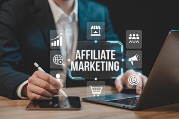 Affiliate marketing concept with business icons and a person using a tablet and laptop
