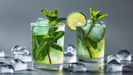 Fresh Mint Drinks With Ice On Grey Background. With Empty Copy Space For Text