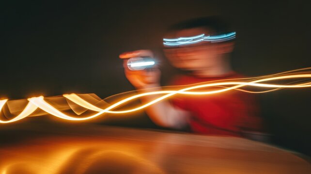 Young caucasian male exploring light painting with motion trails