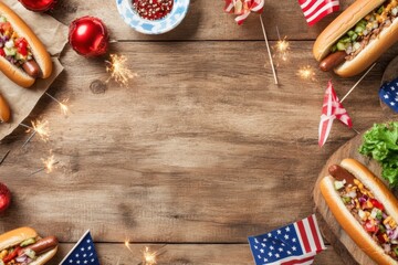 A table with hot dogs and a red and white American flag. , with ample copy space.