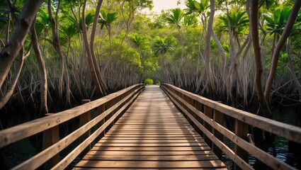 Wooden bridge in a beautiful mangrove forest with empty space for text.