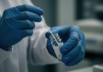 A scientist wearing blue gloves carefully inserts a swab into a small glass vial for laboratory testing and analysis