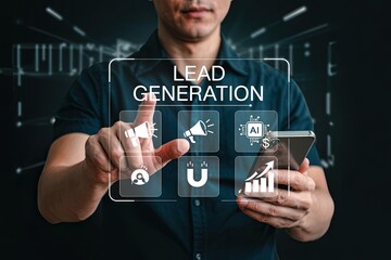 Man interacting with a futuristic holographic interface displaying lead generation icons and data analytics for business growth