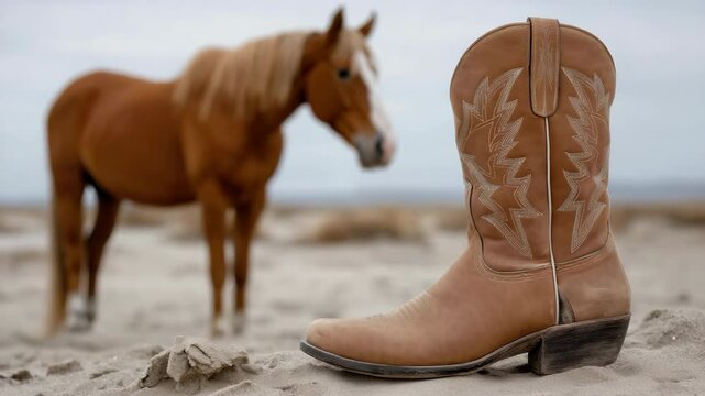 Cowboy boots and horse on beach: free spirit of the wild west connection