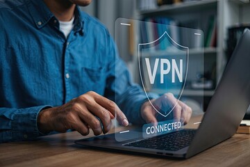 Person using a laptop with a virtual shield displaying vpn and connected status for online security and privacy