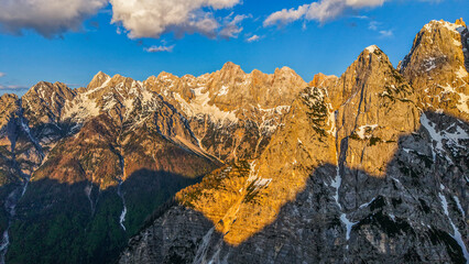 Drone aerial scenic summer landscape of the Julian Alps, Europe