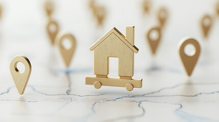 Houses are displayed on a stylized map with location markers. The concept is real estate and property locations, with different house designs and marker styles.