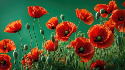 Obraz premium Red Poppies And Green Background with empty space for text.