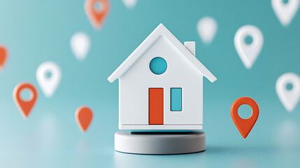 Home location concept with a stylized house on a platform surrounded by map pins, suggesting real estate or navigation services.