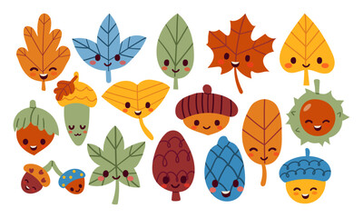 Cute autumn leaves and acorns cartoon vector illustration. Oak, acorn, tree leaves. Nature print in Scandinavian style