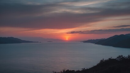 Fototapeta premium Sunset Over The Strait At Middle Arm with vibrant sky, calm water, and surrounding mountains. Nature and sunset scene. Scenic view of the middle arm at dusk.