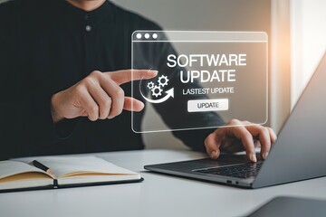 Person s hands interacting with a digital interface displaying software update information and a button to initiate the process