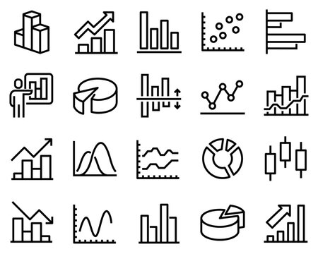 Simple vector line icon set with graph. Contains icons such as pie chart, graph, statistics, bar chart and more.