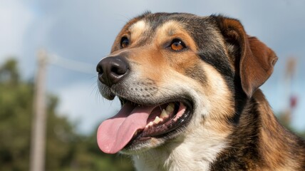 Close-up of happy dog with tongue out in sunny outdoors