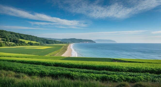 Summer seascape with green fields and blue sky on the coast, featuring empty copy space for text.