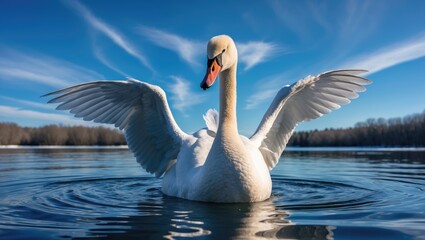 A beautiful adult mute swan is standing in shallow water and stretching out its wings. Dark blue winter lake background on a sunny day.