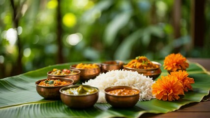 South Indian banana leaf thali with rice, sambar, rasam, assorted curries and chutneys served for festive Sadhya celebration