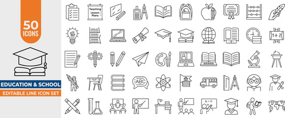 Education & School line Icon Set – Editable Line Vector Icons for Learning, Teachers, E-Learning, Books, Graduation, Classrooms, Students & Academic Subjects. Editable Stroke. Vector illustration